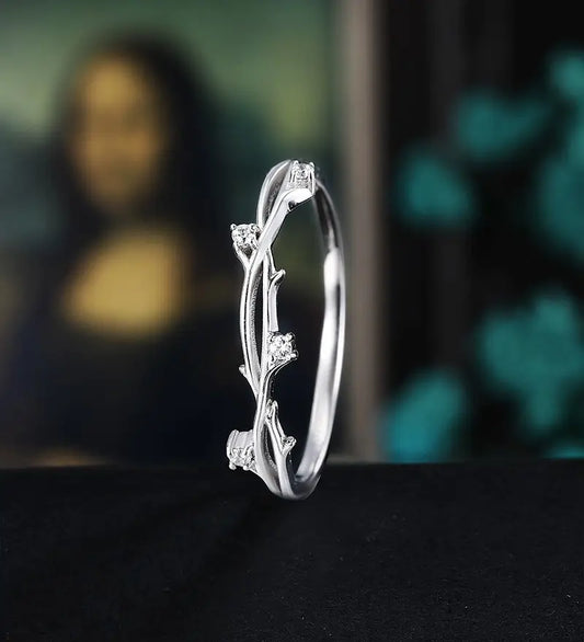 Solid Gold Moissanite Wedding Band Half Eternity Diamond Branch Twig White Gold Wedding Ring Unique Natural Inspired Stacking Ring Promise Anniversary Bridal Ring