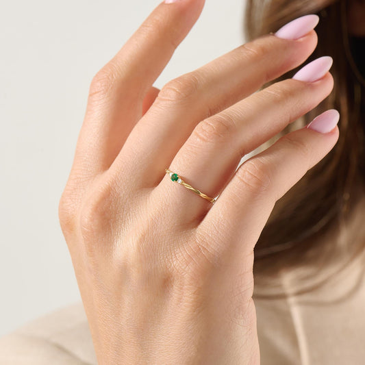 Women’s 14k Gold Minimalist Emerald Solitaire | Twisted Band Tiny Green Gem | Dainty Promise Stackable Jewelry Gift