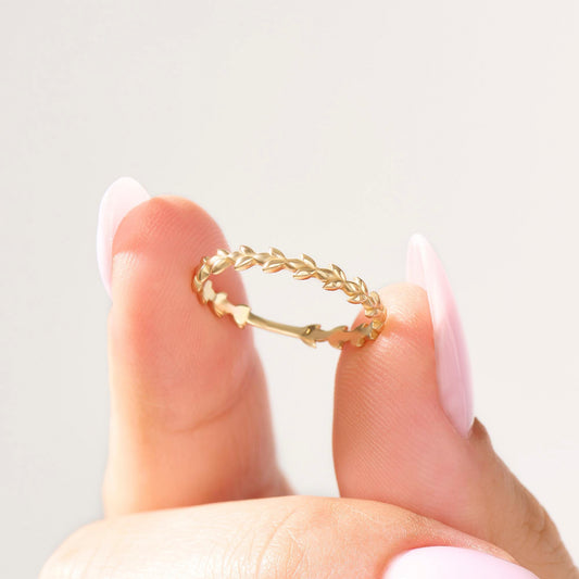14k Solid Gold Dainty Floral Wedding Band - Vine Leaf Ring, Nature-Inspired Stackable Jewelry