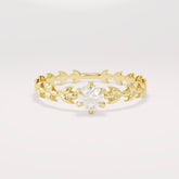 Handcrafted 14k Solid Gold Engagement Band - Diamond Solitaire with Vine Detailing, Minimalist Leaf Eternity Ring for Her, Nature-Floral Design