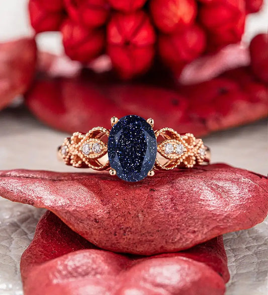 Oval Cut Blue Sandstone Engagement Ring Moissanite Diamond Wedding Ring Vintage Rose Gold Bridal Ring Promise Anniversary Ring For Women