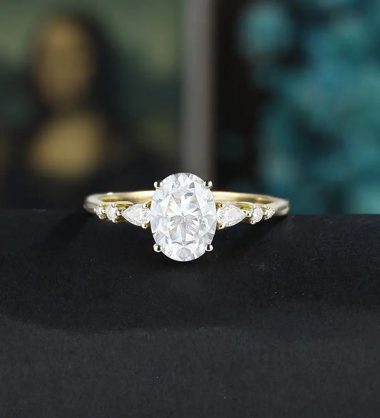Oval Moissanite Engagement Ring with Pear Accents