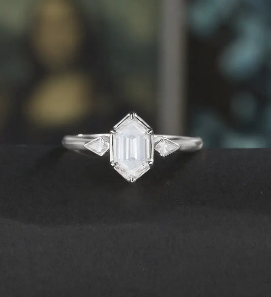 Long Hexagon Cut Engagement Ring Moissanite Solid Gold Promise Ring Anniversary Diamond Wedding Ring Solid Gold Vintage Ring Unique Bridal promise Ring For Women