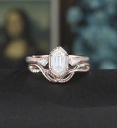 Long Hexagon Moissanite Bridal Set Solid Gold Engagement Ring Set Unique Bridal Set Anniversary Diamond Wedding Ring Vintage Promise Ring For Women