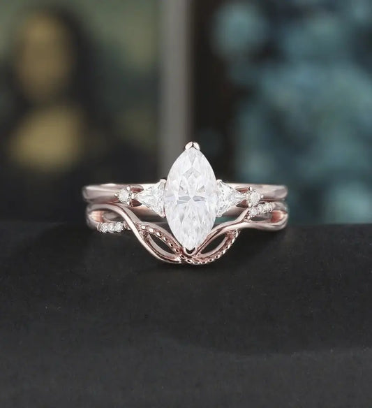 Marquise Cut Moissanite Ring Set Solid Gold Engagement bridal set Moissanite Bridal Set Anniversary Diamond Wedding Ring Anniversary Promise Ring For Women