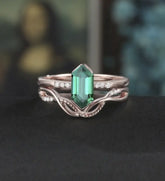 Long Hexagon Emerald Bridal Set Solid Gold Engagement Ring Set Unique Dimond Bridal Set Anniversary Wedding Ring Vintage Promise Ring For Her