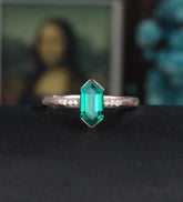 Long Hexagon Cut Lab Emerald Engagement Ring Solid Gold Moissanite Promise Ring Anniversary triangle Diamond Wedding Ring Vintage Ring Unique Bridal promise Ring For Her