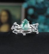 Moss Agate Engagement Ring Set Solid Gold Bridal Set Anniversary Moissanite Diamond Wedding Ring Anniversary Promise Ring For Her