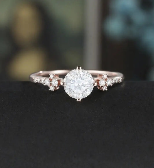 6mm Round Cut Moissanite Engagement Ring Unique Diamond Cluster Wedding Ring Women Vintage Rose Gold Bridal Ring Promise Anniversary Wedding Ring