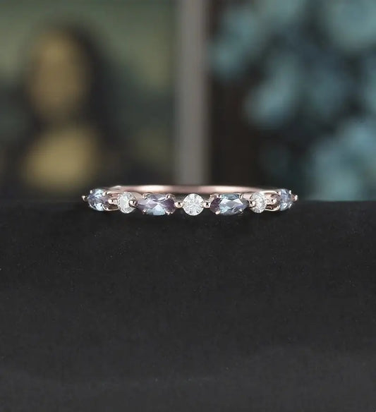 Marquise Alexandrite Wedding Bnad Solid Gold Promise Ring Anniversary Diamond Moissanite Wedding Ring Vintage Bridal Ring For Her