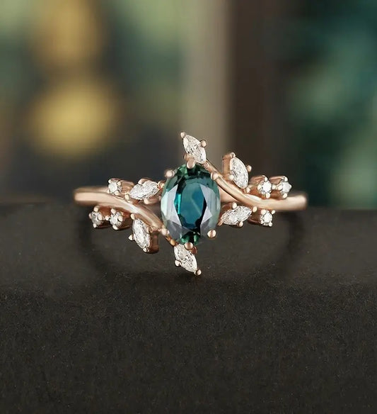 5×7MM Oval Teal Sapphire Ring Solid Gild Engagement Ring Anniversary Bridal Ring Vintage Wedding Ring Promise Ring For Her