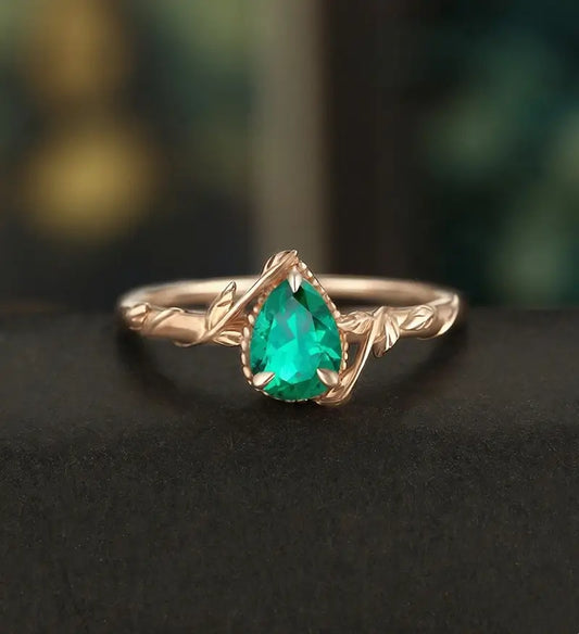 Pear Shaped Lab Emerald Engagement Ring Solid Gold Moissanite Promise Ring Anniversary triangle Diamond Wedding Ring Vintage Ring Unique Bridal promise Ring For Her
