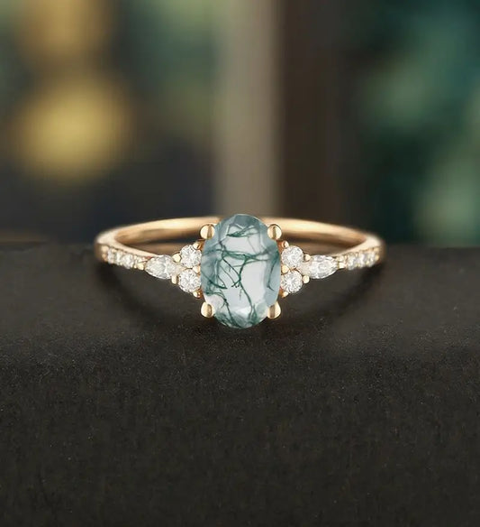 Oval Cut Moss Agate Ring Engagement Ring Rose Gold Marquise Cut Moissanite Anniversary Ring Half Eternity Diamond Wedding Ring Promise Ring Gift for Her
