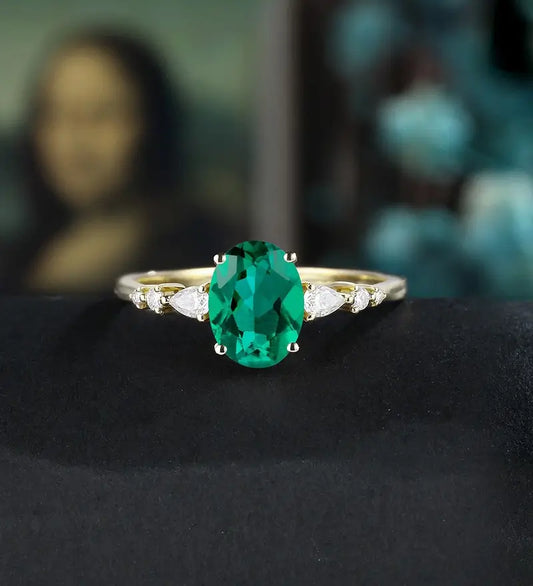 Oval Lab Emerald Engagement Ring Solid Gold Promise Ring Anniversary Diamond Wedding Ring Vintage Ring Unique Bridal promise Ring For Her