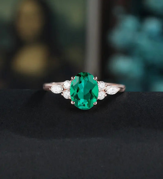 14K/18K Solid Gold Emerald Engagement Ring Oval Lab Emerald Promise Ring Anniversary Moissanite Diamond Wedding Ring Vintage Bridal Ring For Her