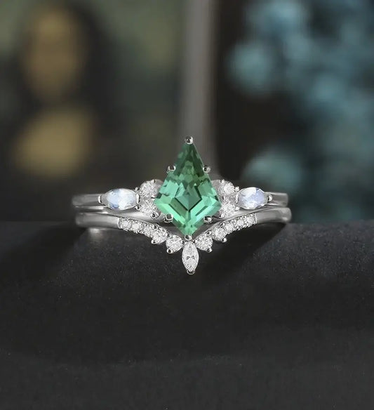 Kite Cut Lab Emerald Bridal Set Solid Gold Engagement Ring Set Marquise Moonstone Bridal Set Anniversary Moissanite Diamond Wedding Ring Vintage Promise Ring For Women