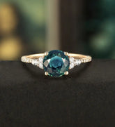 7mm Round Cut Teal Sapphire Ring Vintage Rose Gold Engagement Ring Marquise Cut Moissanite Ring Promise Diamond Wedding Ring Unique Half Eternity Anniversary Ring