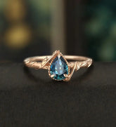 Pear Shaped Teal Sapphire Engagement Ring Solid Gold Moissanite Promise Ring Anniversary triangle Diamond Wedding Ring Vintage Ring Unique Bridal promise Ring For Her