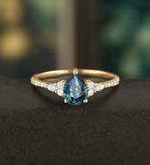 Teal Sapphire Engagement Ring Vintage Solid Gild Ring Pear Shaped Anniversary Ring Vintage Wedding Ring Bridal Promise Women Ring
