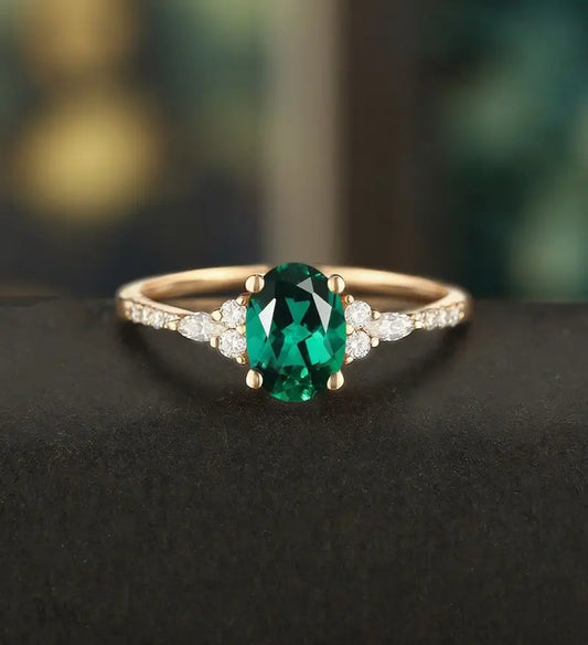 Oval Cut Lab Emerald Ring Engagement Ring Rose Gold Unique Marquise Cut Moissanite Ring Half Eternity Diamond Wedding Ring Promise Anniversary Ring for Her