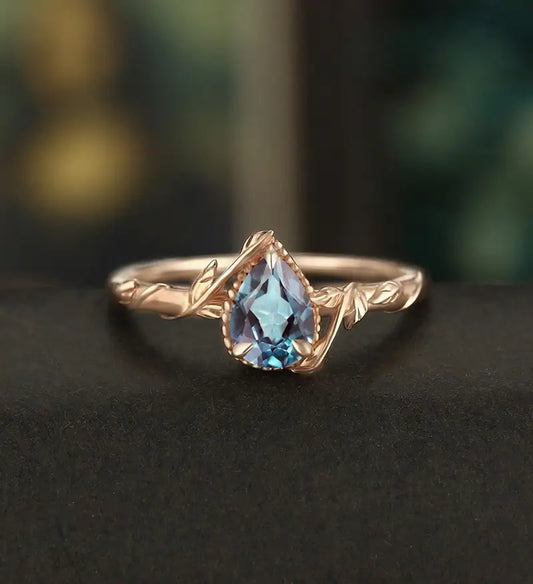 Pear Shaped Lab Alexandrite Engagement Ring Solid Gold Moissanite Promise Ring Anniversary triangle Diamond Wedding Ring Vintage Ring Unique Bridal promise Ring For Her