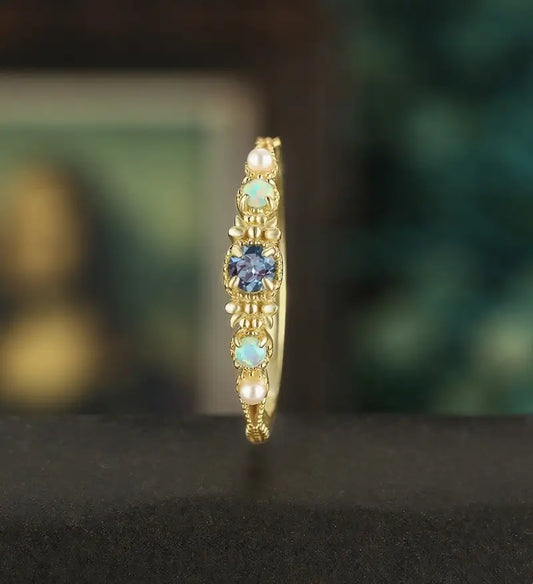 3MM Round Alexandrite Engagement Ring Vintage Solid Gild Opal Ring Pearl Anniversary Vintage Ring Unique Bridal Ring Promise Women Ring