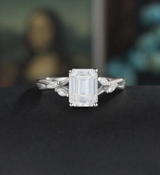Emerald Cut Moissanite Engagement Ring Twist Solid Gold Wedding Ring Diamond Vintage Rose Gold Bridal Ring Anniversary Promise Ring for Her