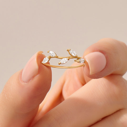 Marquise Diamond Leaf Ring – 14k Solid Gold Vine Floral Band | Nature-Inspired Stackable Wedding Ring for Women