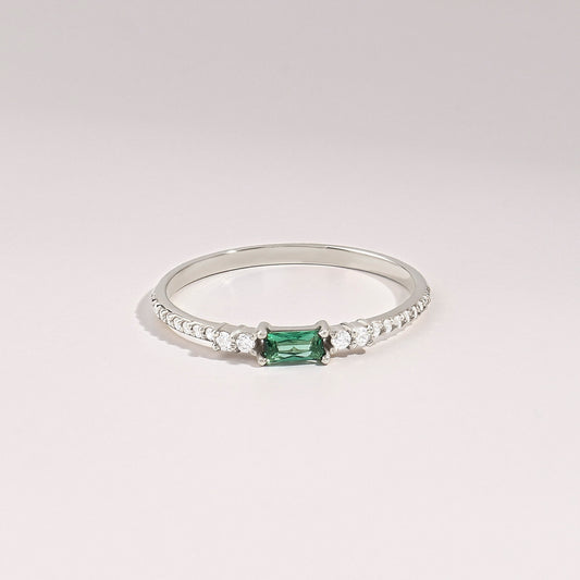 Minimalist Baguette Emerald Ring – 14k Solid Gold with Pavé Diamonds | May Birthstone Gift for Her’s Birthday