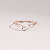 Women's Minimalist Curved 14K Gold Ring - V-Shaped Diamond Baguette Wedding Band, Stackable Nesting Bridal Jewelry