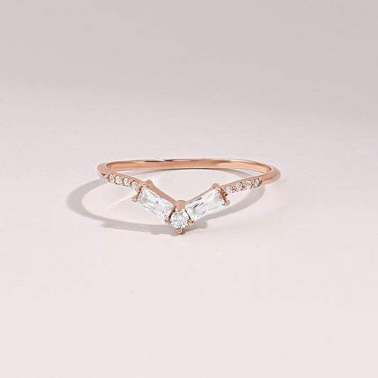 Women's Minimalist Curved 14K Gold Ring - V-Shaped Diamond Baguette Wedding Band, Stackable Nesting Bridal Jewelry