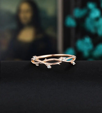 Leaf Opal Wedding Band Solid Gold Matching Band Curved Wedding Ring Anniversary Bridal Ring For Her