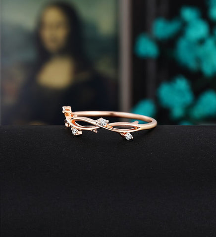 Leaf Opal Wedding Band Solid Gold Matching Band Curved Wedding Ring Anniversary Bridal Ring For Her