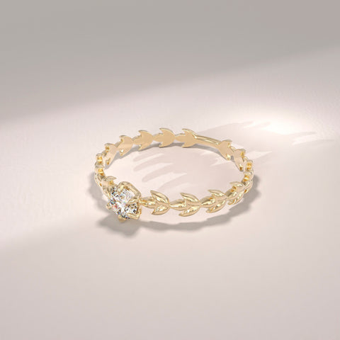 Handcrafted 14k Solid Gold Engagement Band - Diamond Solitaire with Vine Detailing, Minimalist Leaf Eternity Ring for Her, Nature-Floral Design