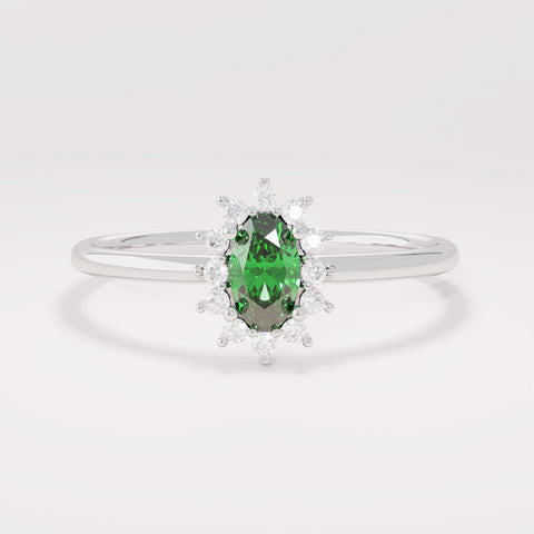 Minimalist Emerald Promise Ring – 14k Solid Gold | Dainty Flower Halo Solitaire | May Birthstone Jewelry for Her