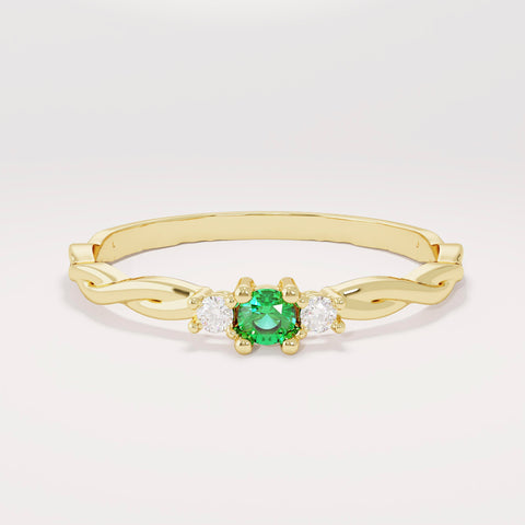 Women’s 14k Gold Minimalist Emerald Solitaire | Twisted Band Tiny Green Gem | Dainty Promise Stackable Jewelry Gift