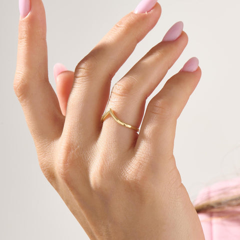 14k Gold Wishbone Chevron Ring – Curved Wedding Band | Stackable Thin Contour Ring for Women