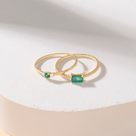 Women’s 14k Gold Minimalist Emerald Solitaire | Twisted Band Tiny Green Gem | Dainty Promise Stackable Jewelry Gift