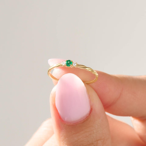 Women’s 14k Gold Minimalist Emerald Solitaire | Twisted Band Tiny Green Gem | Dainty Promise Stackable Jewelry Gift