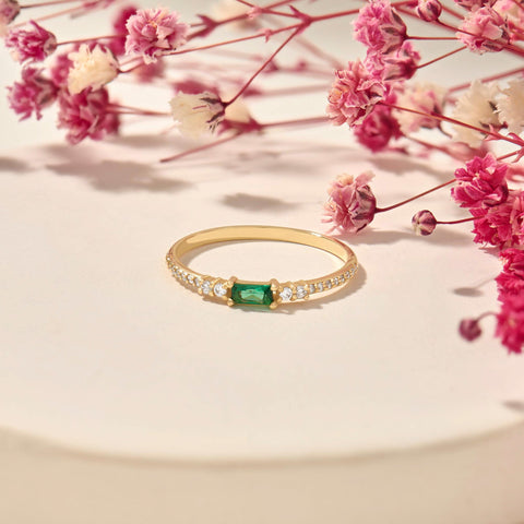 Minimalist Baguette Emerald Ring – 14k Solid Gold with Pavé Diamonds | May Birthstone Gift for Her’s Birthday