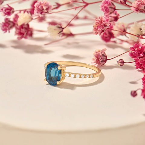Oval Blue Sapphire Solitaire 14k Gold - Handmade Bridal Ring with Dainty Diamonds, Engagement Ring for Her