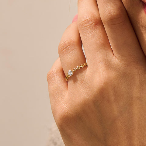 Handcrafted 14k Solid Gold Engagement Band - Diamond Solitaire with Vine Detailing, Minimalist Leaf Eternity Ring for Her, Nature-Floral Design