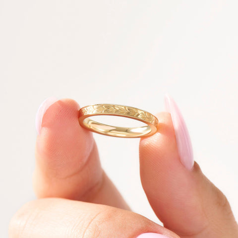 3mm Wheat Engraved Ring 14K Gold – His and Hers Simple Marriage Band