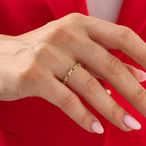 14k Solid Gold Diamond Open Link Ring – Women's Minimalist Stackable Eternity Band, Handmade Dainty Gift