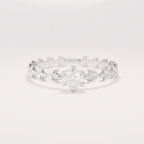 Handcrafted 14k Solid Gold Engagement Band - Diamond Solitaire with Vine Detailing, Minimalist Leaf Eternity Ring for Her, Nature-Floral Design