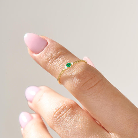 Women’s 14k Gold Minimalist Emerald Solitaire | Twisted Band Tiny Green Gem | Dainty Promise Stackable Jewelry Gift