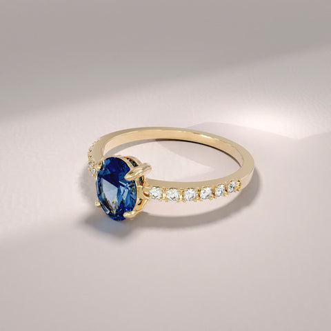 Oval Blue Sapphire Solitaire 14k Gold - Handmade Bridal Ring with Dainty Diamonds, Engagement Ring for Her