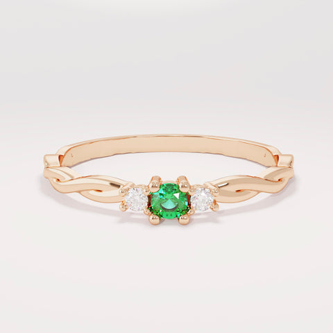 Women’s 14k Gold Minimalist Emerald Solitaire | Twisted Band Tiny Green Gem | Dainty Promise Stackable Jewelry Gift