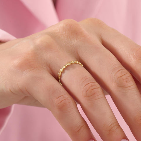 14k Solid Gold Dainty Floral Wedding Band - Vine Leaf Ring, Nature-Inspired Stackable Jewelry