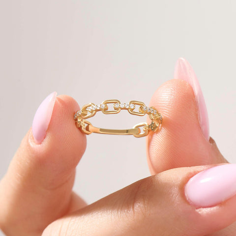 14k Solid Gold Diamond Open Link Ring – Women's Minimalist Stackable Eternity Band, Handmade Dainty Gift